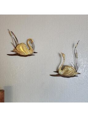 Mid Century Brass Swans with Cattails Wooden Base Retro 1960's Wall Decor